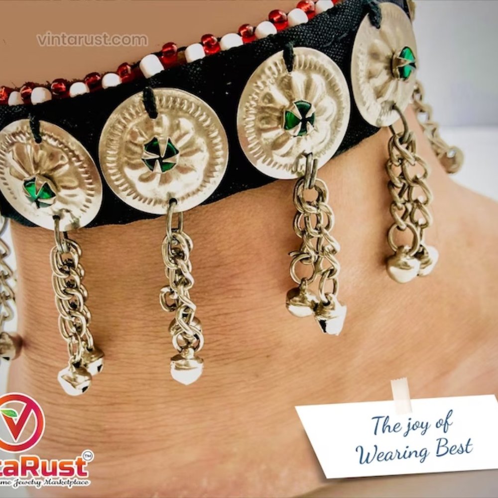 Tribal Anklet Pair: Vintage Kuchi Bells, Glass Stones